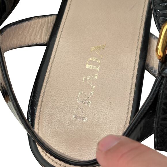 PRADA Vitello Shine Leather and Cork Espadrille Wedge Sandals Black Size 39 (9) - Picture 8 of 11